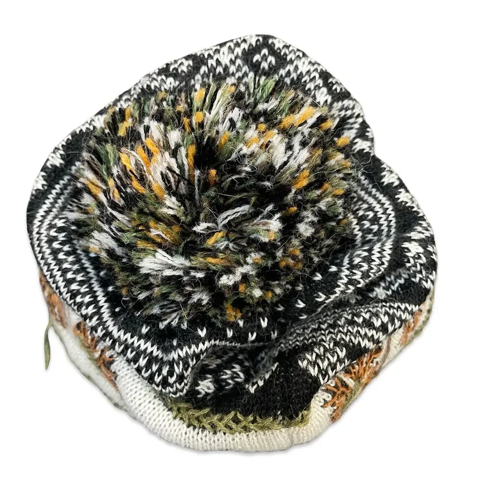Peruvian Link Alpaca Knit Pom Pom Beanie Hat Black Cream Floral Fair Isle Boho